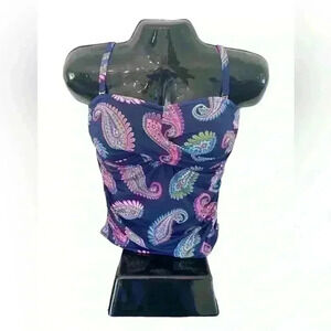 Women's Tankini Bikini‎ Bathing Suit Top Cremieux 36DD Navy Paisley Adjustable